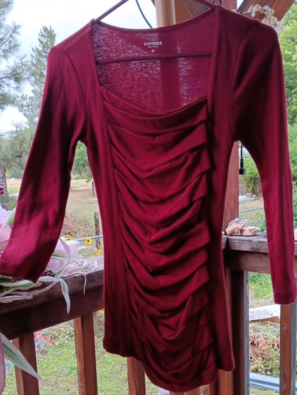 Express Burgundy Long Sleeve Ruching Front Dress